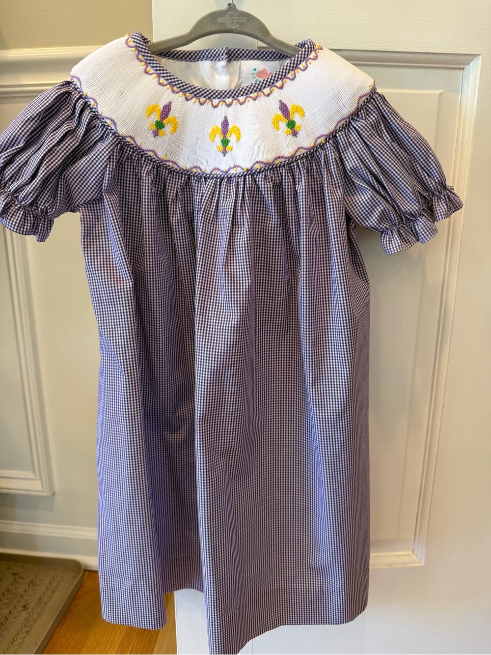 Girls' Purple Gingham Smocked Dress with Fleur-de-Lis Detail